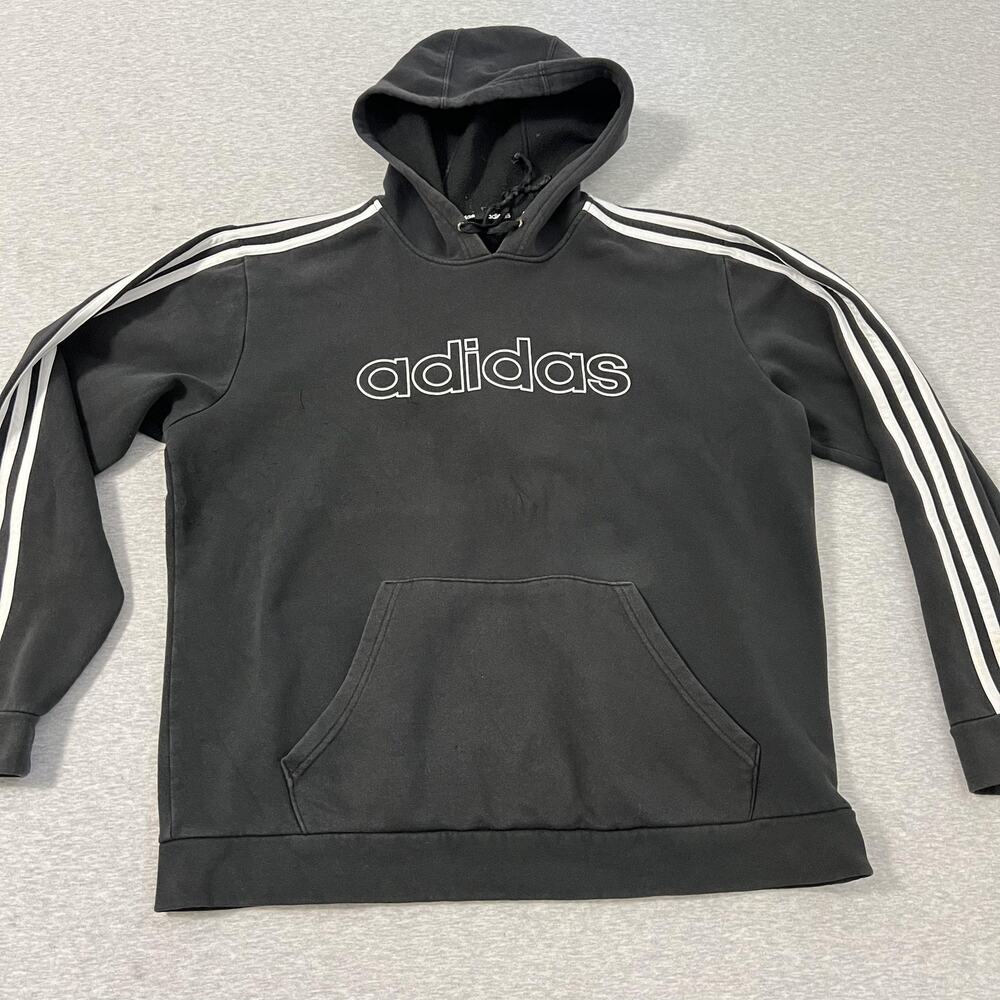 Adidas Hoodie Medium Black White 3 Stripes Pullover Spell Out Baggy Crop‎